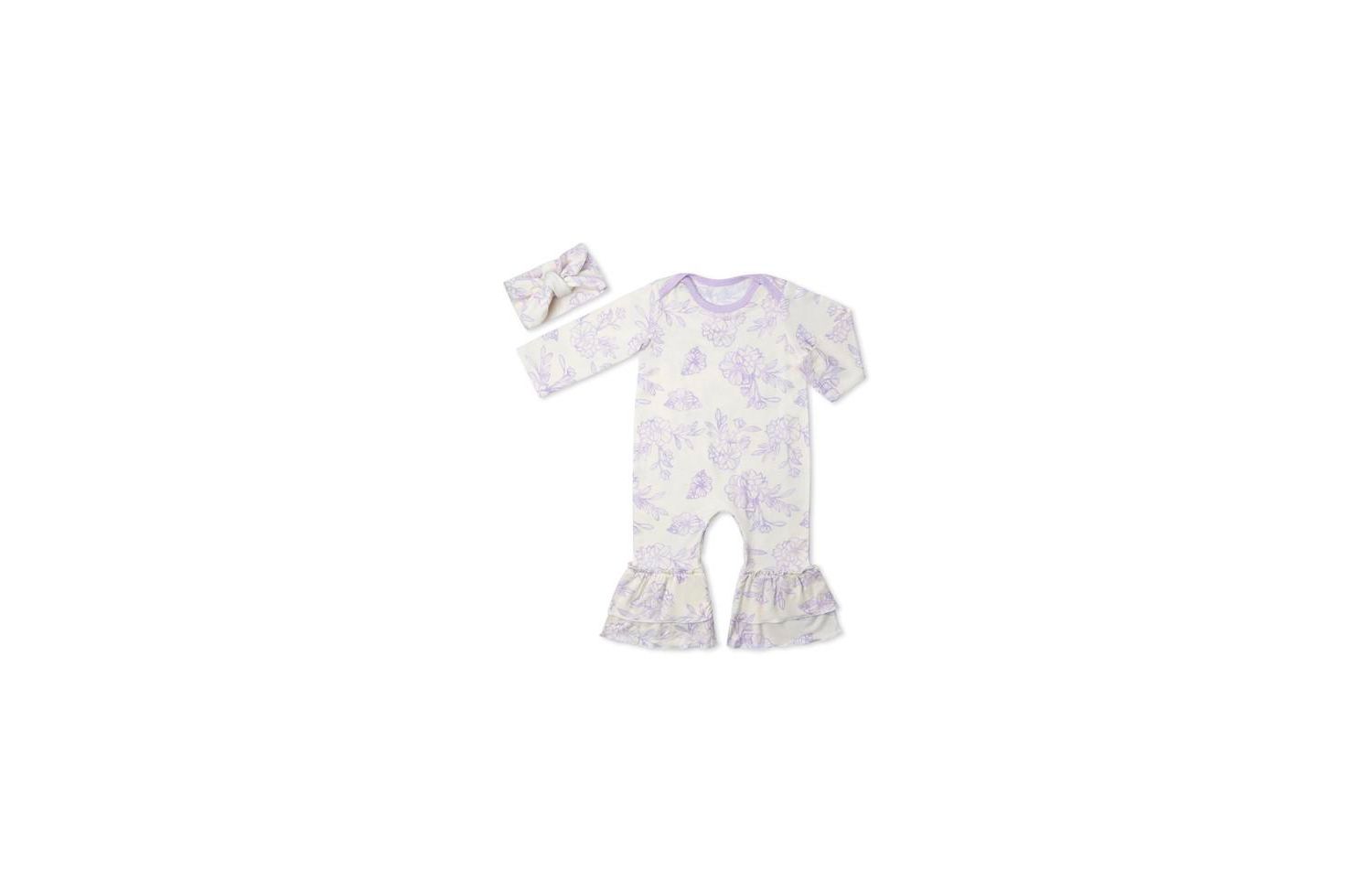 Baby Girls (0 To 18 Months) Ruffle Long Sleeve Romper & Head Wrap Set