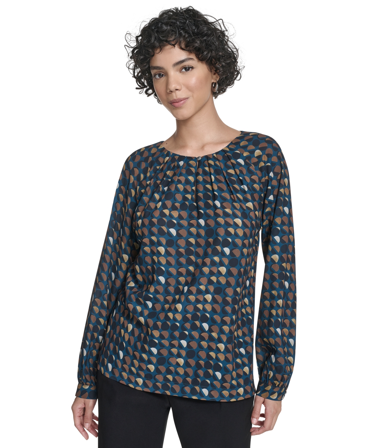 Calvin Klein Women's Printed Georgette Long-sleeve Blouse In Blue