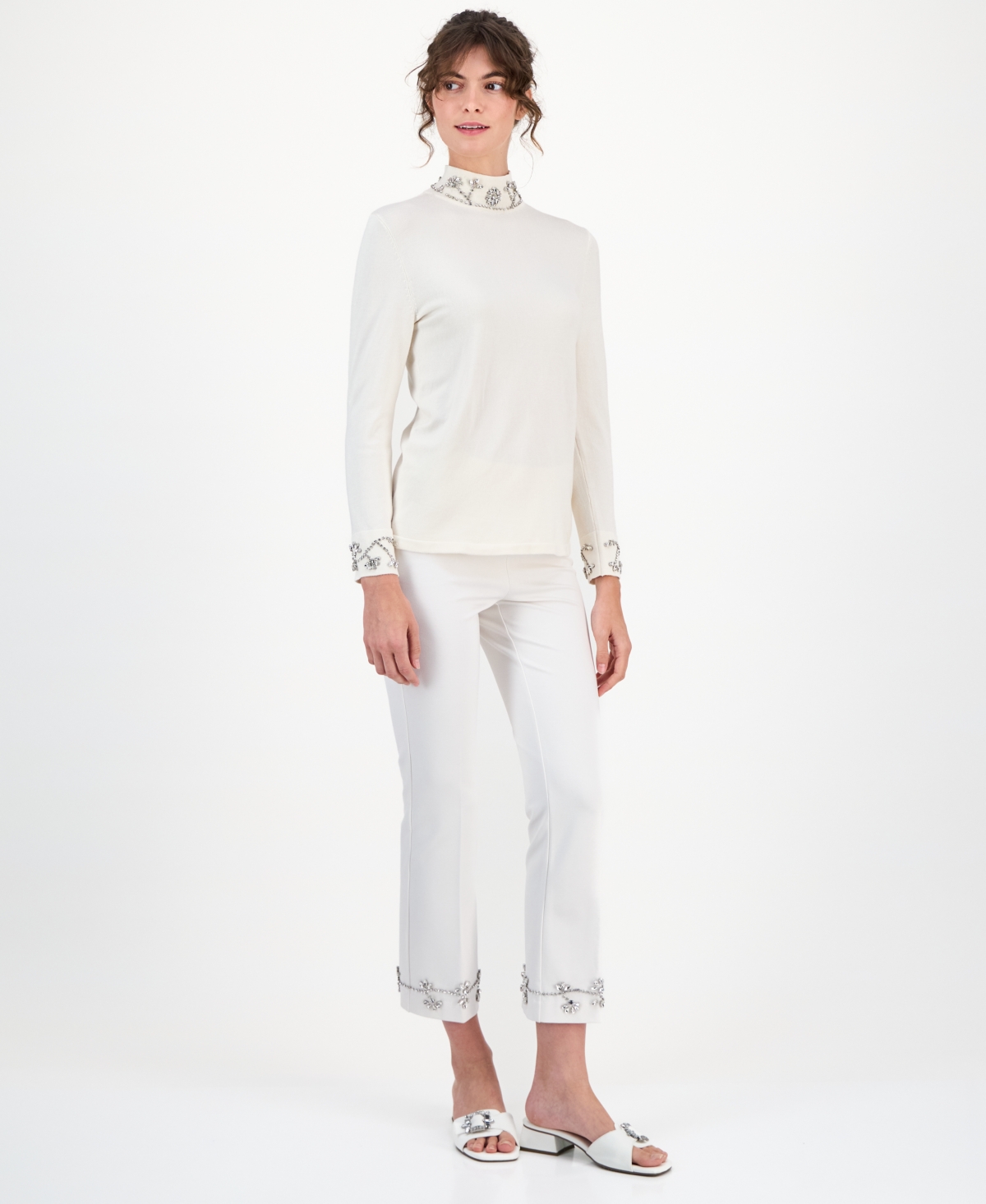 Anne Klein Petite Embellished Mock-neck Sweater In White