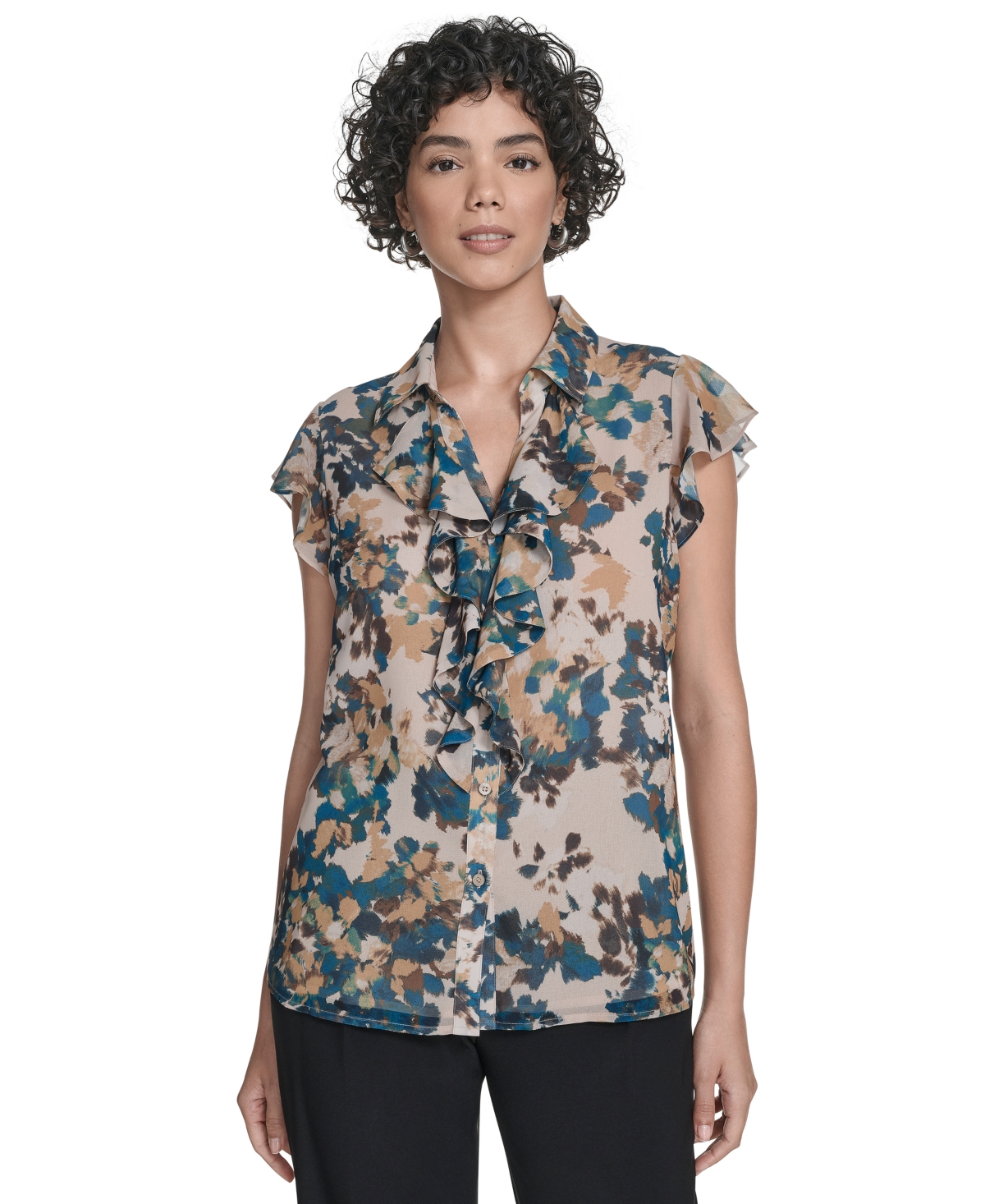 Calvin Klein Women's Printed Flutter-sleeve Ruffle Blouse In Multi