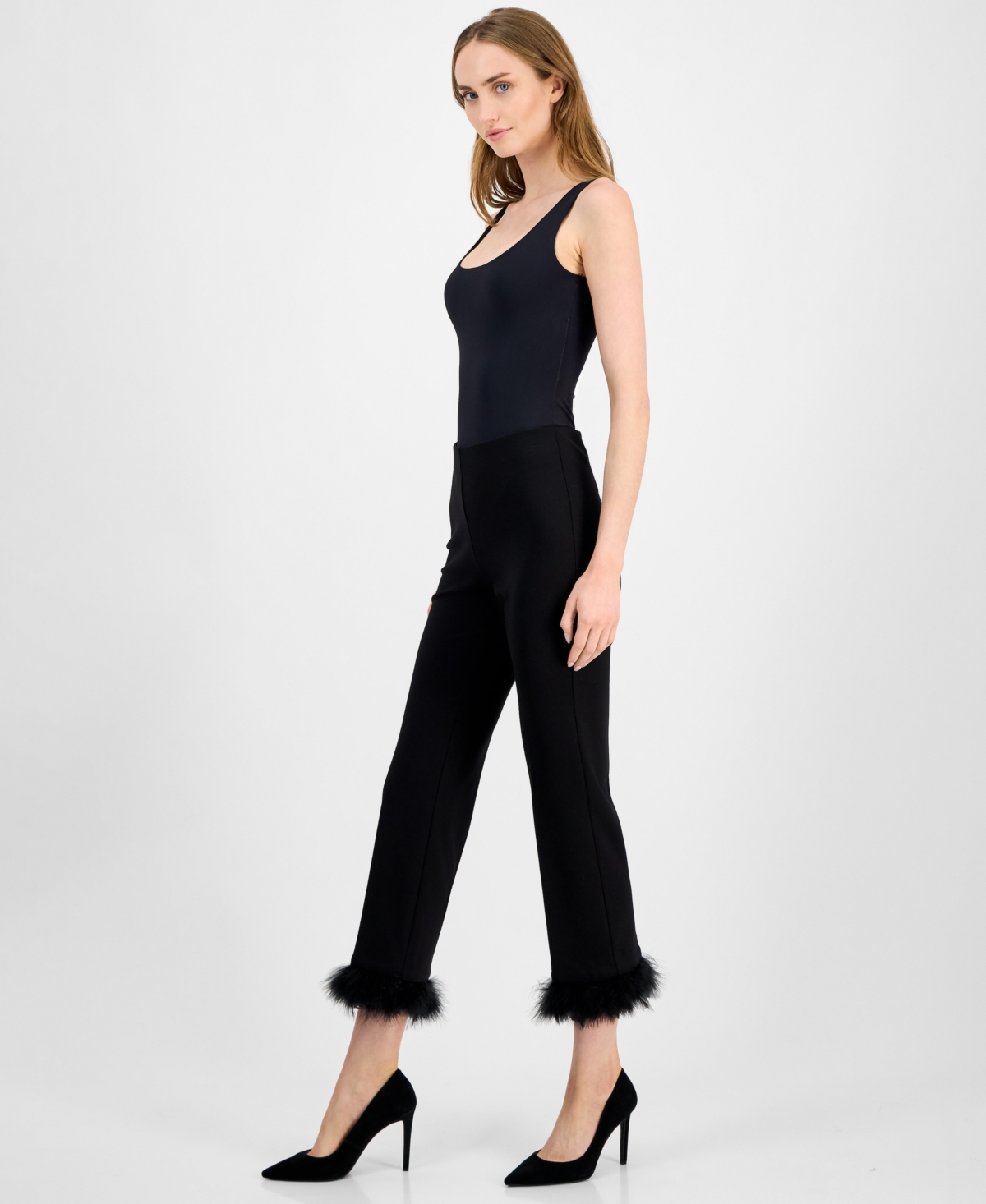 Anne Klein Petite Feather-trim Kick-flare Pants In Black