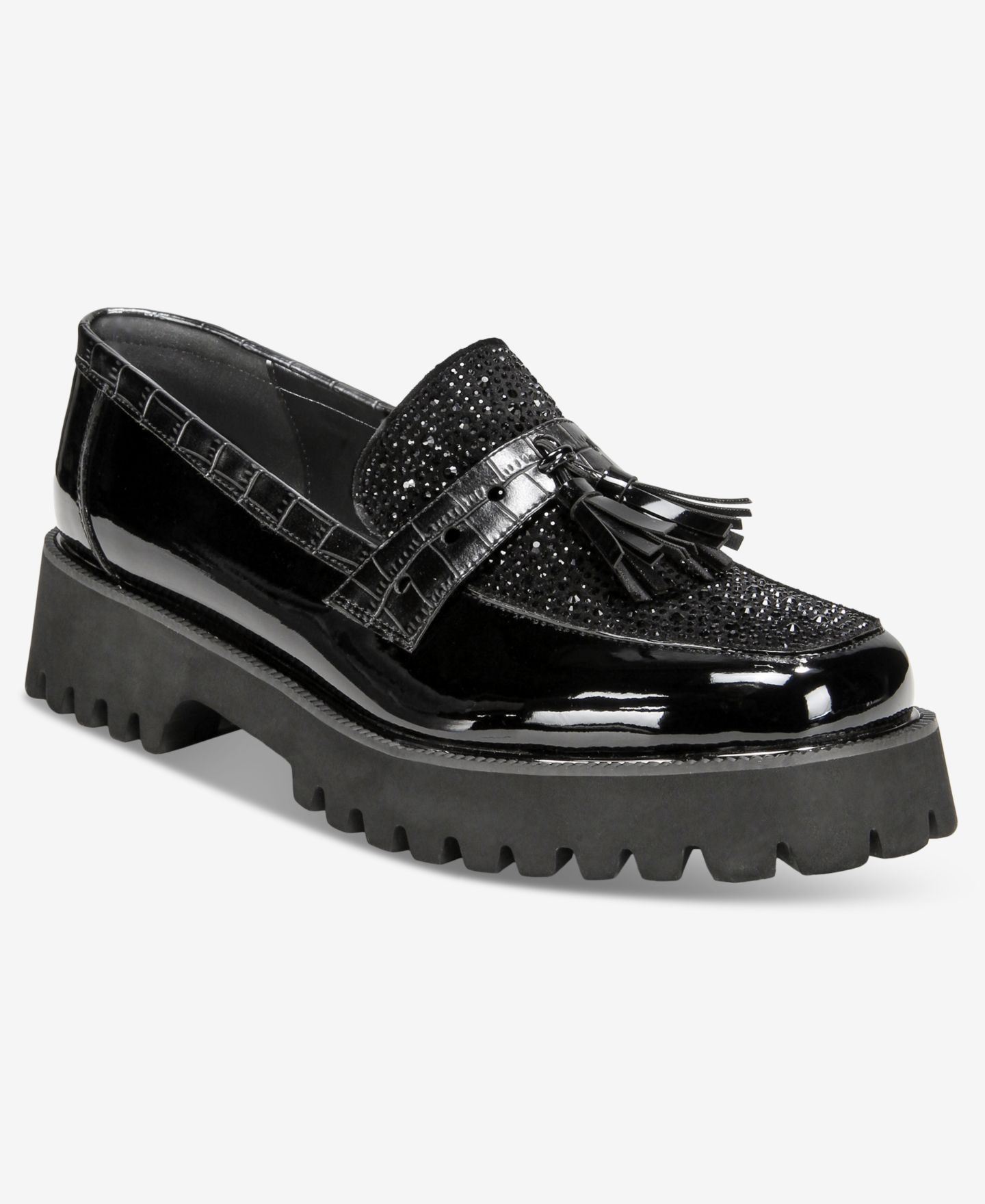 Женские туфли THINGS II COME Lenna Luxurious Embellished Lug Sole Loafer Flats, цвет: Чёрный / Металлический — фото 1
