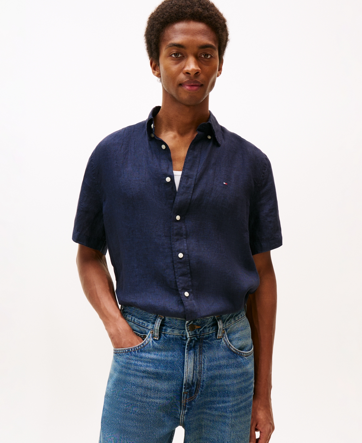 Tommy Hilfiger Men's Regular-fit Linen Short-sleeve Shirt In Blue