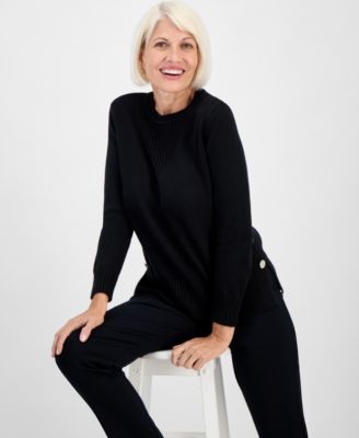 Petite Long-Sleeve Side-Button Crewneck Sweater