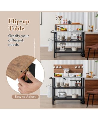 Rolling Bar Cart with Flip-Up Table & Hooks Mobile Storage Cart for Kitchen and Entertaining