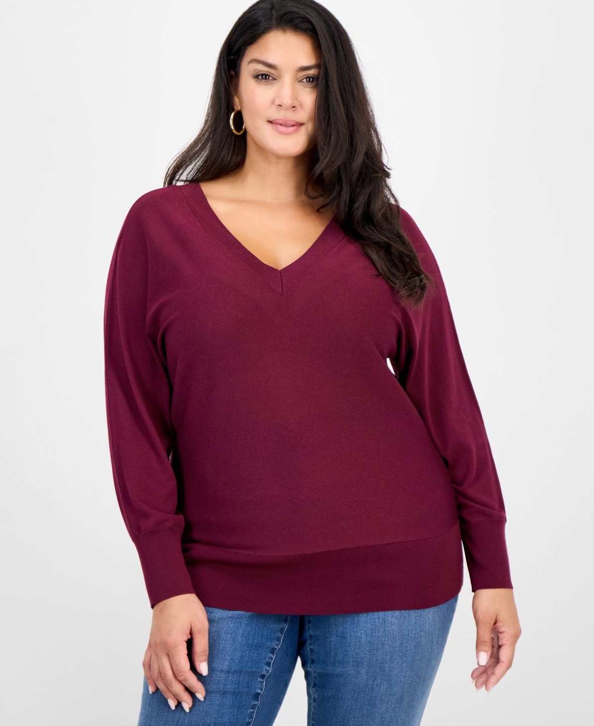 Inc International Concepts Plus Size V-neck Dolman-sleeve Top, Created For Macy's In Burgundy
