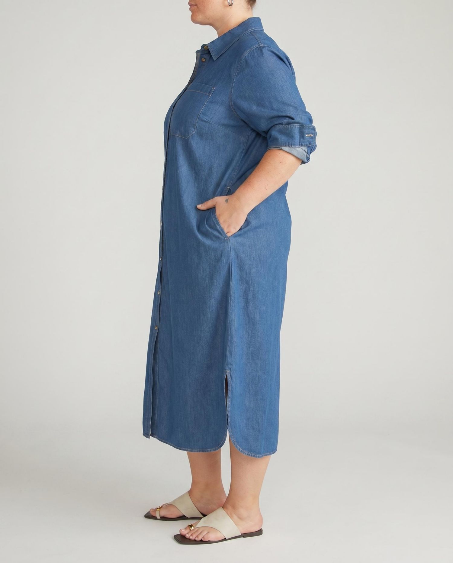 Plus Size Stretch Cotton Chambray Shirtdress
