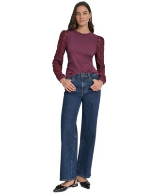 DKNY Jeans - Women's Lace Puff-Sleeve Crewneck Top