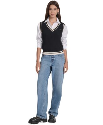 Women's Contrast Trim Cotton V-Neck Sleeveless Sweater