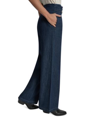 Women's Tab-Waist High Rise Wide Leg Cotton Denim Pants