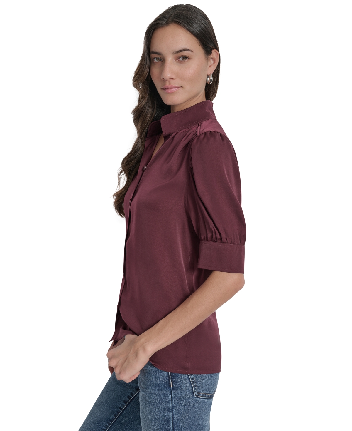 Dkny Jeans Puff Short Sleeve Button-up Shirt In Burgundy