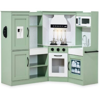 Pretend Play Corner Kitchen, Interactive Wooden Kids Set w/ Lights and Sounds