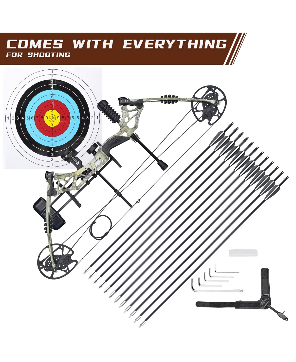Left Hand Compound Bow Adjustable Draw Weight 70 Lbs Adult Professional Hunting bow Practice Arrow Archery, Camo - Natrual