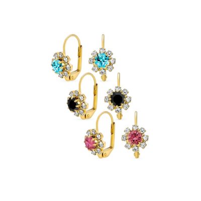 Blue Purple Black Crystal Flower Drop Earrings Gold Tone Lever Back (3 Set)