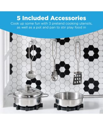 Pretend Play Wooden Farmhouse Kitchen Set w/ Storage, Clicking Knobs, 5 Accessories