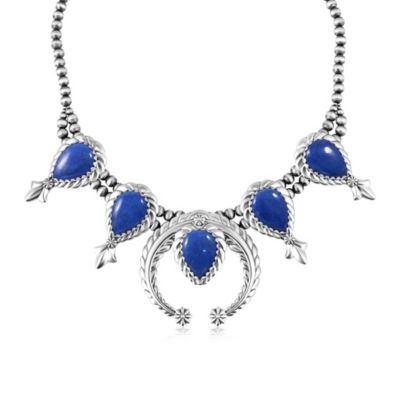 Sterling Silver Denim Lapis Pear-Cut Squash Blossom Necklace, 17 to 20 Inches