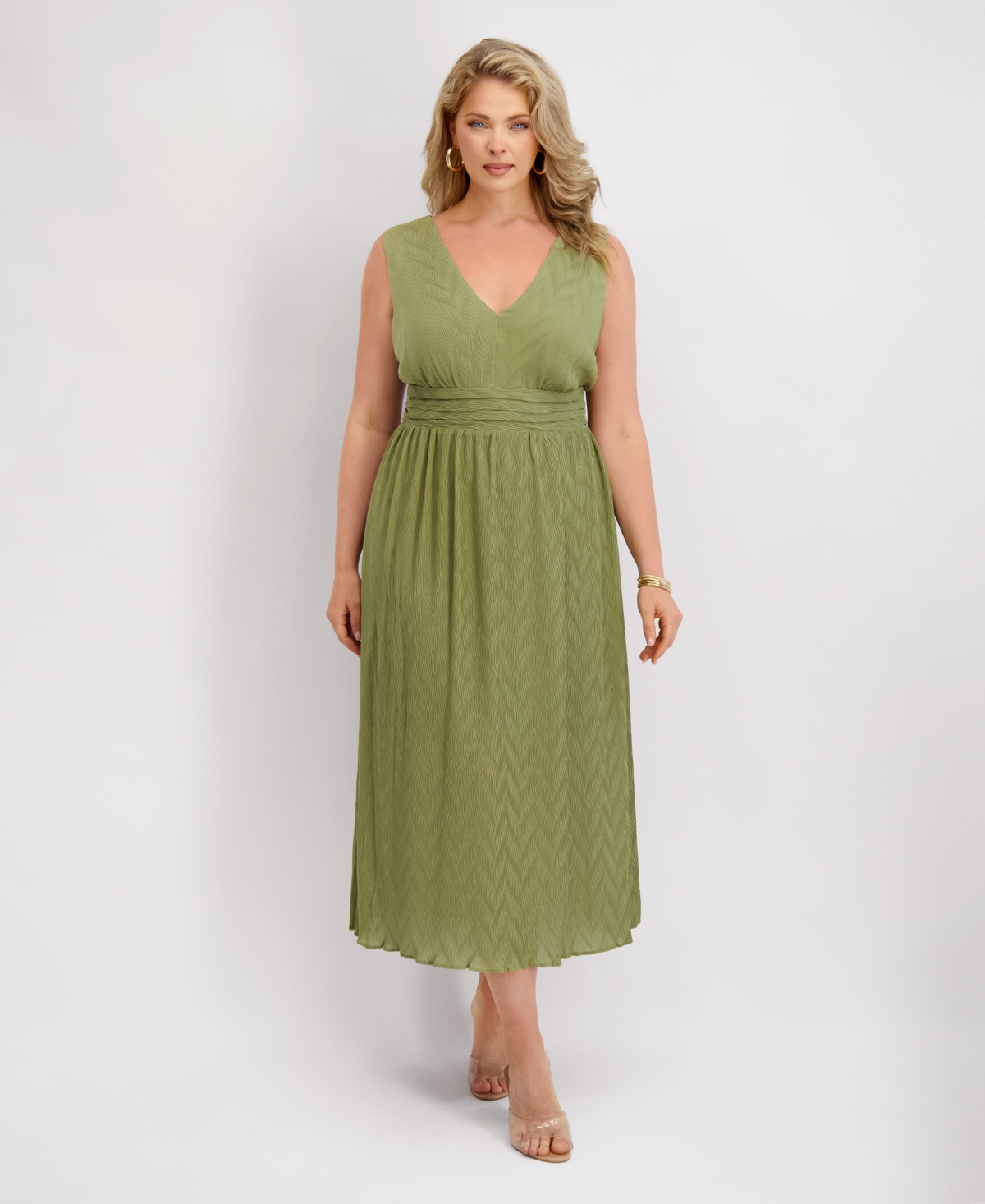 Siena Plus Size V-neck Pleated Chiffon Midi Dress In Pink