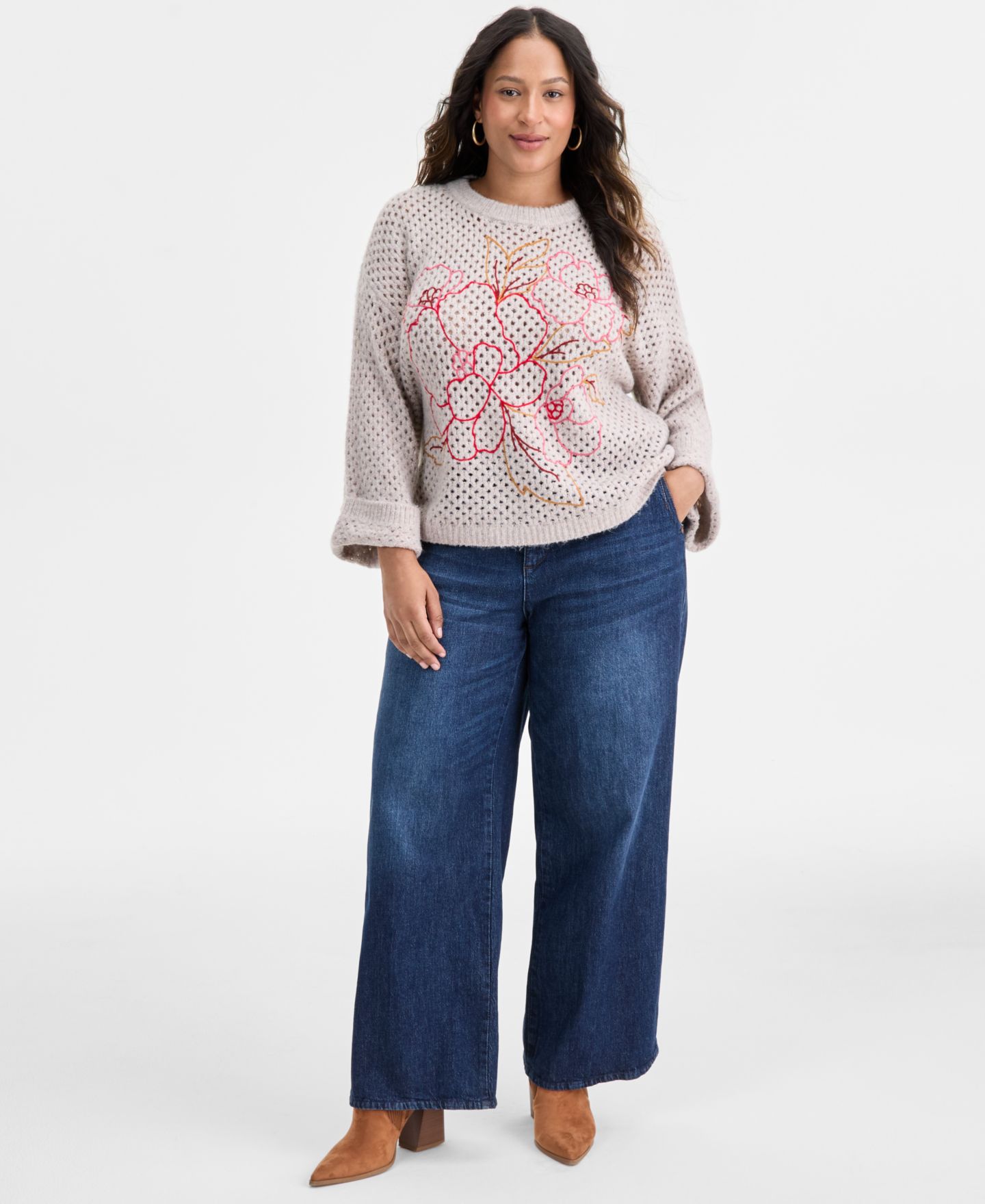 Женский свитер Democracy Floral Embroidered Round Neck, цвет: Меланжевый — фото 2