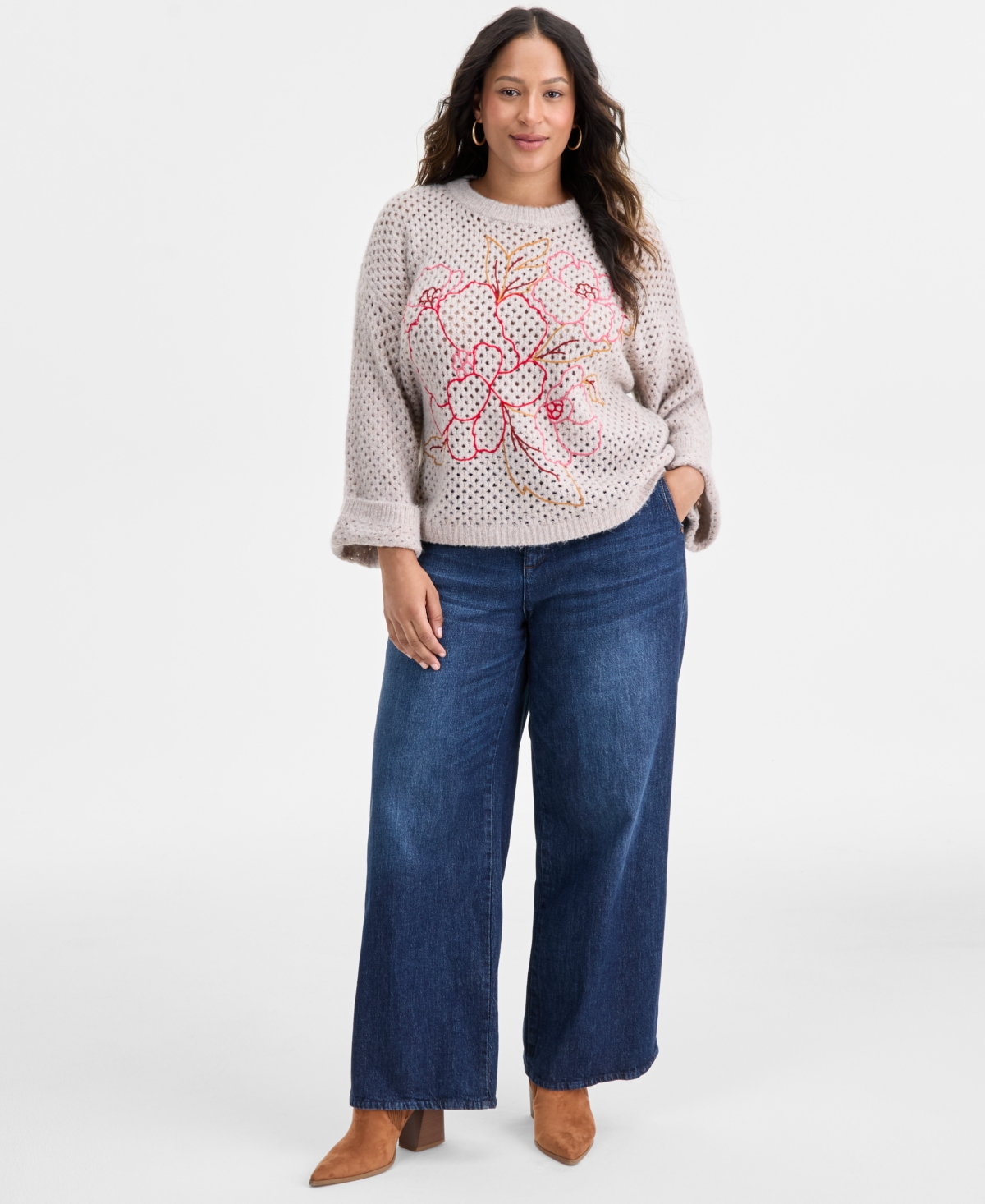 Democracy Plus Size Long Sleeve Floral Embroidered Sweater In Gray
