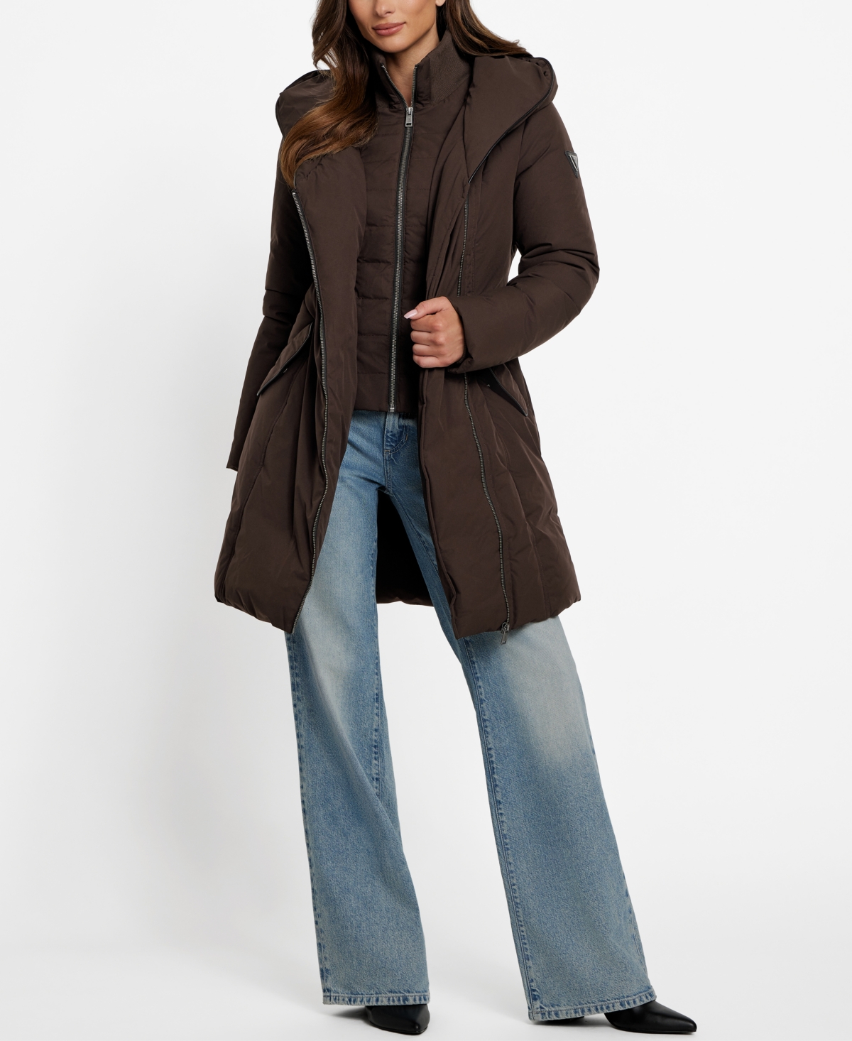 Guess Women's Asymmetric Zip-front Hooded Puffer Coat In Brown