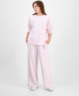 Madden Girl Juniors Fleece Patch Crewneck Sweatshirt Fleece Patch Wide Leg Sweatpants In Pink