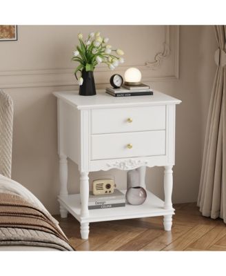 European style luxury white 2-drawer bedside table, bedroom nightstand, wooden end table
