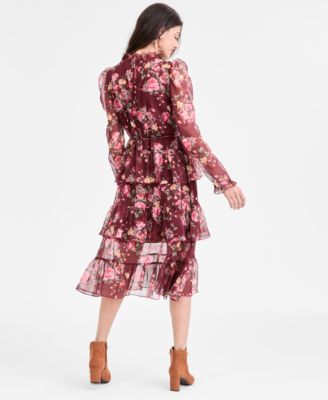 Juniors' Floral Ruffle-Tiered Tie-Waist Midi Dress