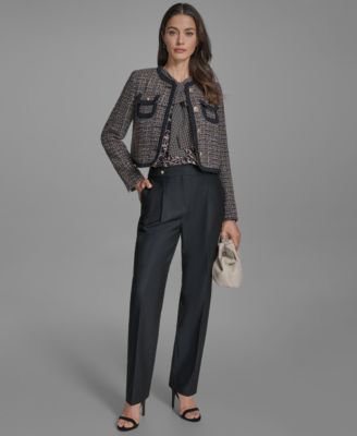 Women's Braided-Trim Tweed Collarless Jacket, Printed Sleeveless Tie-Neck Blouse & Denim Straight Leg Pants