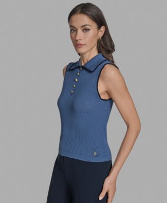 Women's Cotton Tipped Collared Sleeveless Knit Top
