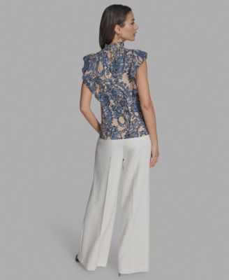 Women's Printed Mock Neck Knit Flutter-Sleeve Top