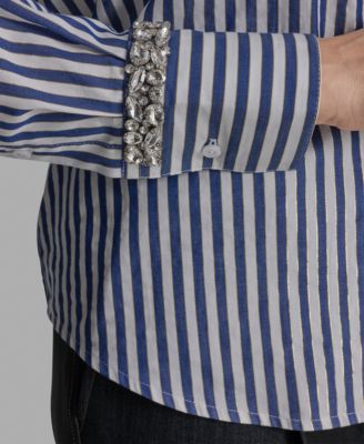 Women's Striped Rhinestone-Cuff Shirt