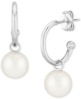 Pearl (6 mm) Drop Hoop Earrings Set in 14k Yellow Gold