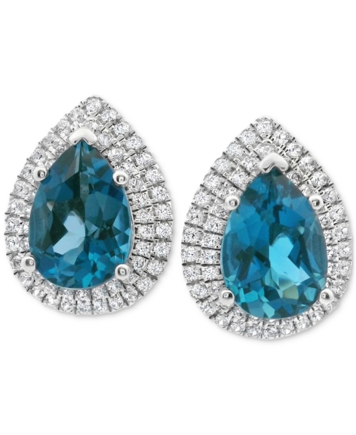 London Blue Topaz (4-1/2 ct. t.w.) & Lab Grown White Topaz (1/10 ct. t.w.) Pear Halo Stud Earrings in Sterling Silver - London Blue Topaz