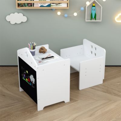 Wooden Toddler Table and Chair Set Kids Activity Table Step Stools with Blackboard & 3 Heights Adjustable