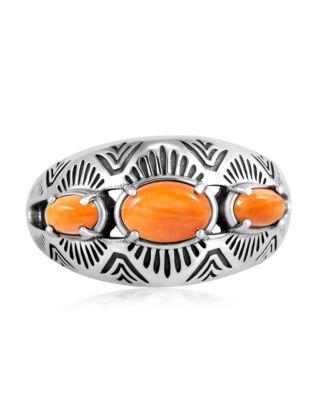 Sterling Silver Orange Spiny Oyster 3-Stone Oval Band Ring, Size 10