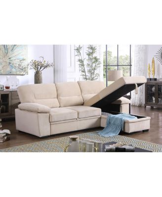 97.5"W Beige Velvet Fabric Reversible Sleeper Sectional Sofa Chaise