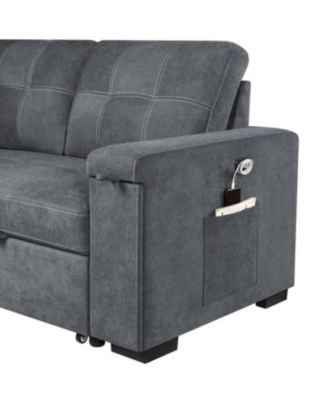 95"W Gray Woven Fabric Reversible Sleeper Sectional Sofa with Storage Chaise Cup Holder Charging Ports and Pockets