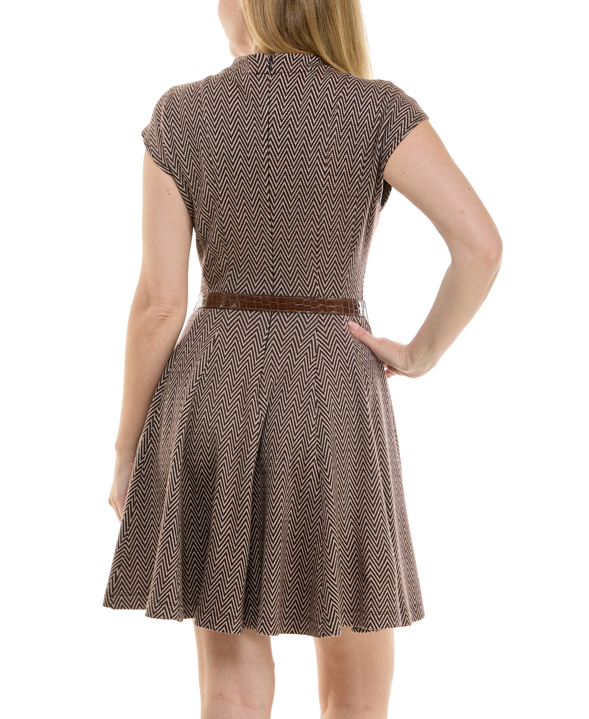 Taylor Petite Jacquard Mock-neck Belted Fit & Flare Dress In Brown