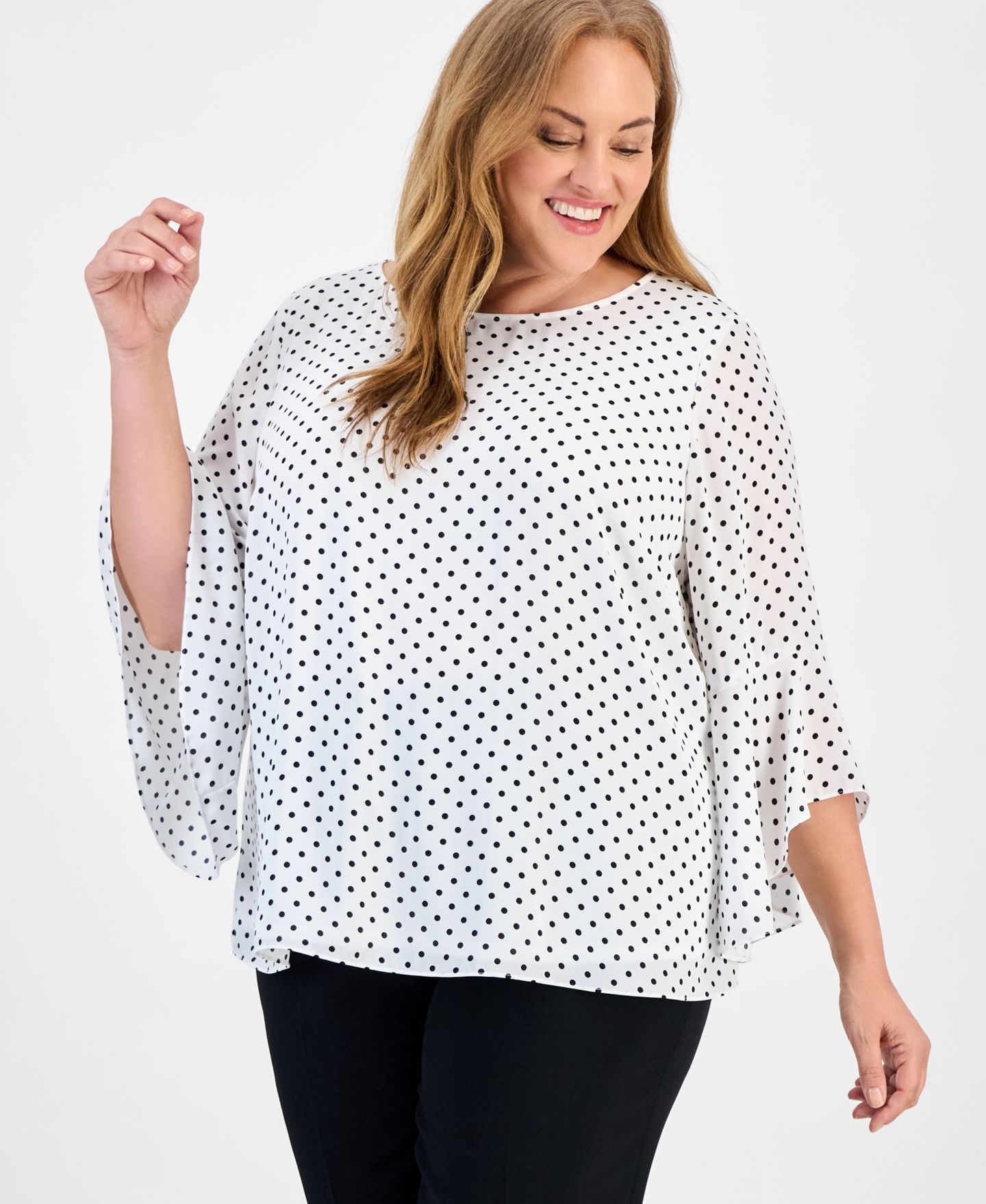 Женская блузка Kasper Plus Size Polka-Dot Ruffle-Sleeve, цвет: Белый / Чёрный — фото 7