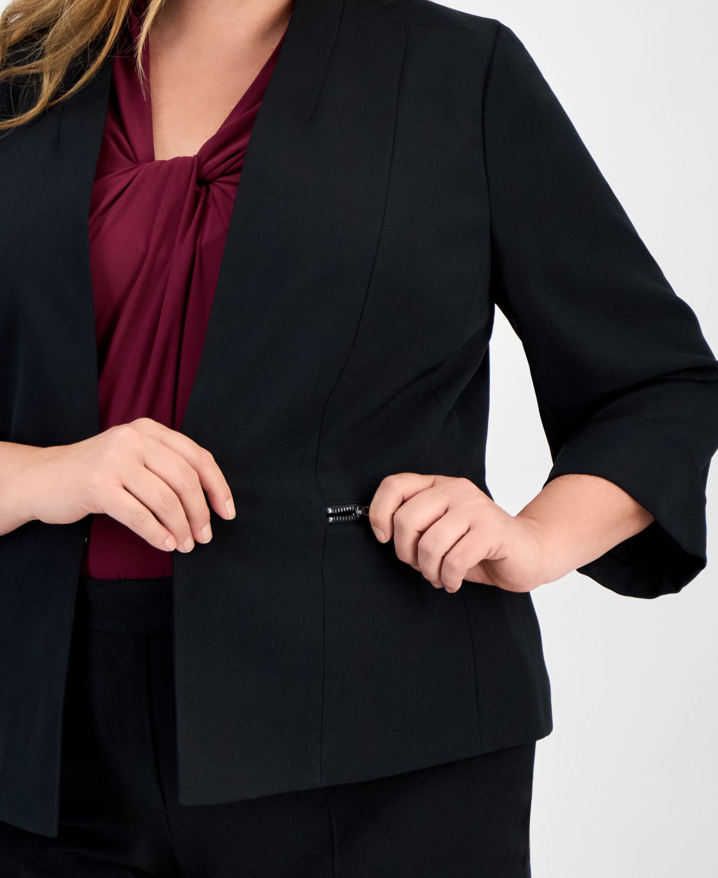 Женский пиджак Kasper Plus Size Stretch Crepe Collarless Open Front Blazer, цвет: Чёрный — фото 7