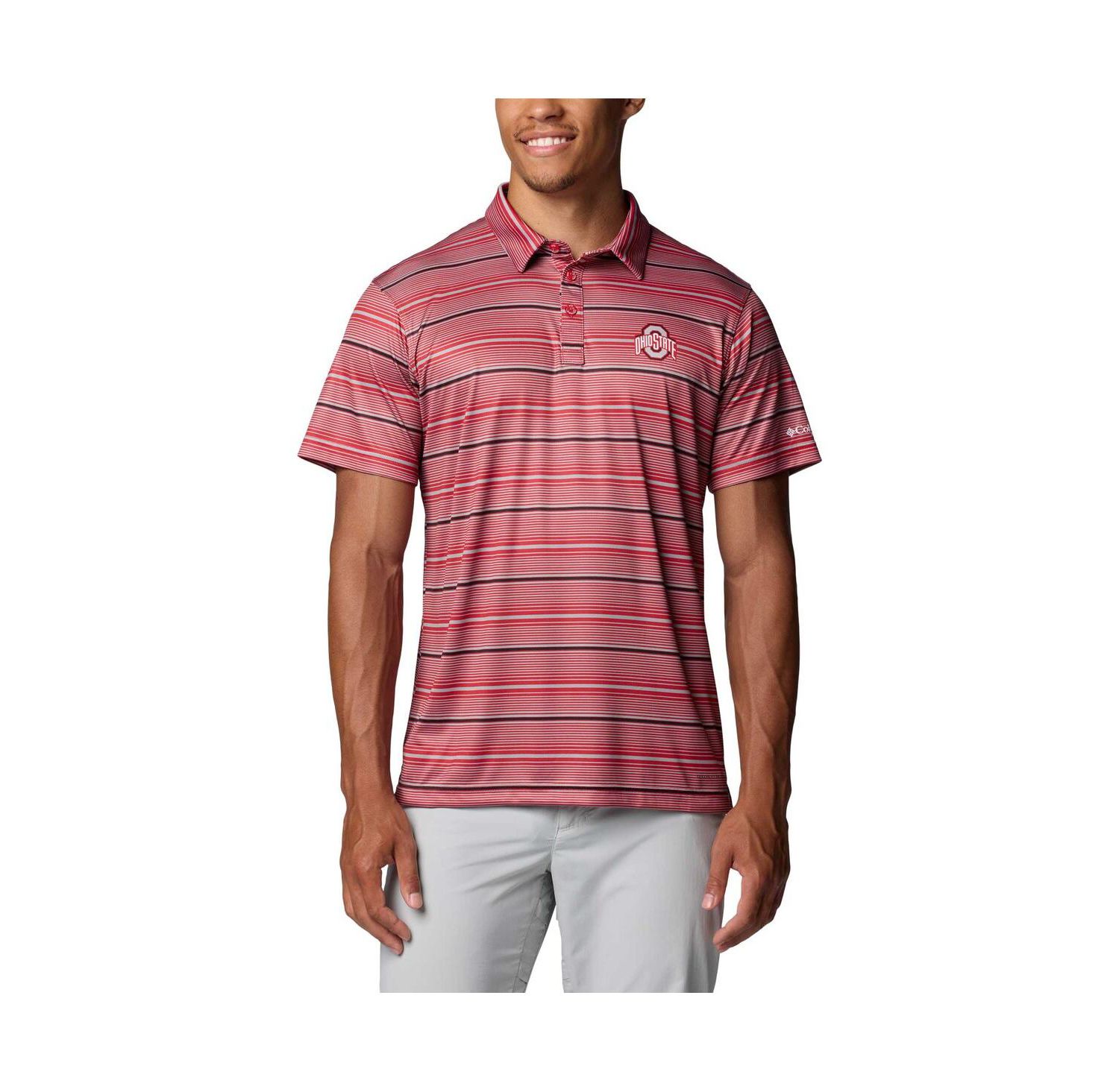 Men's Scarlet Ohio State Buckeyes PFG Super Terminal Tackle™ Omni-Shade™ Stripe Polo Shirt