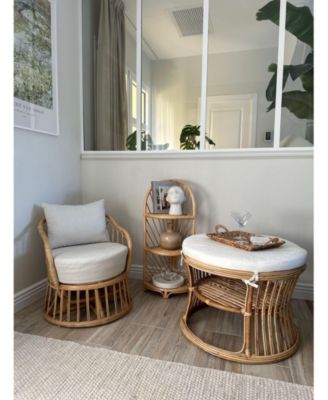 - Natural Rattan and Beige Fabric Pouf Exotic Boho Upholstery Living Room