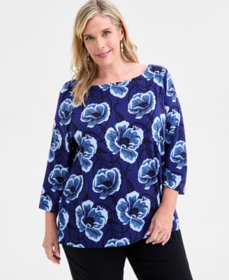 JM Collection - Plus Size Printed 3/4-Sleeve Top, Macy's Exclusive
