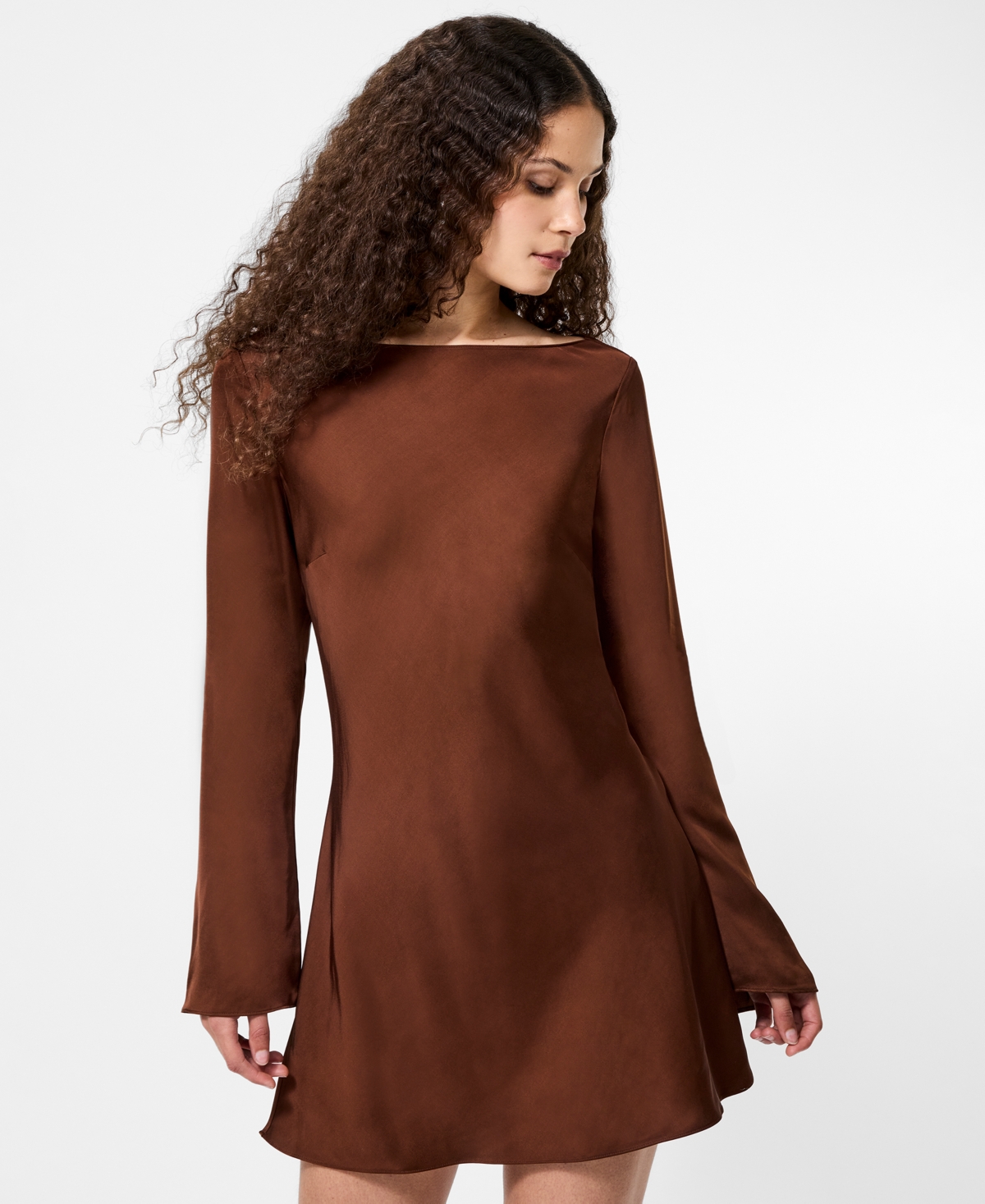 French Connection Ennis Satin Bell Sleeve Mini Dress In Brown