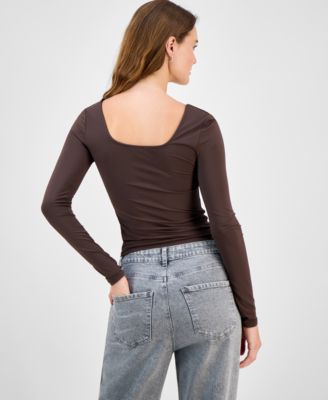 Juniors' Square-Neck Double-Layer Long-Sleeve