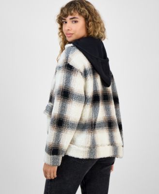 Juniors' Plaid Sherpa Hoodie Shacket
