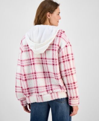 Juniors' Plaid Sherpa Hoodie Shacket