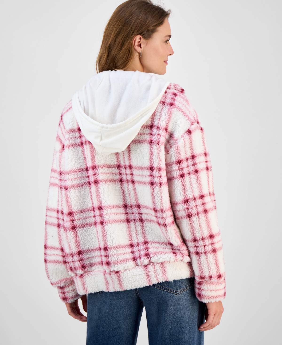 Madden Girl Juniors' Plaid Long-sleeve Sherpa Jacket In Multi