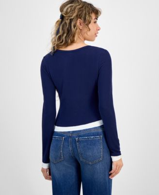 Juniors' Ribbed Layered-Look Long-Sleeve with Bow