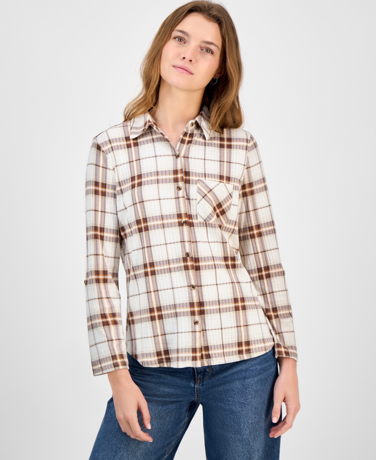 Just Polly Juniors' Plaid Knit Shirt In Multi